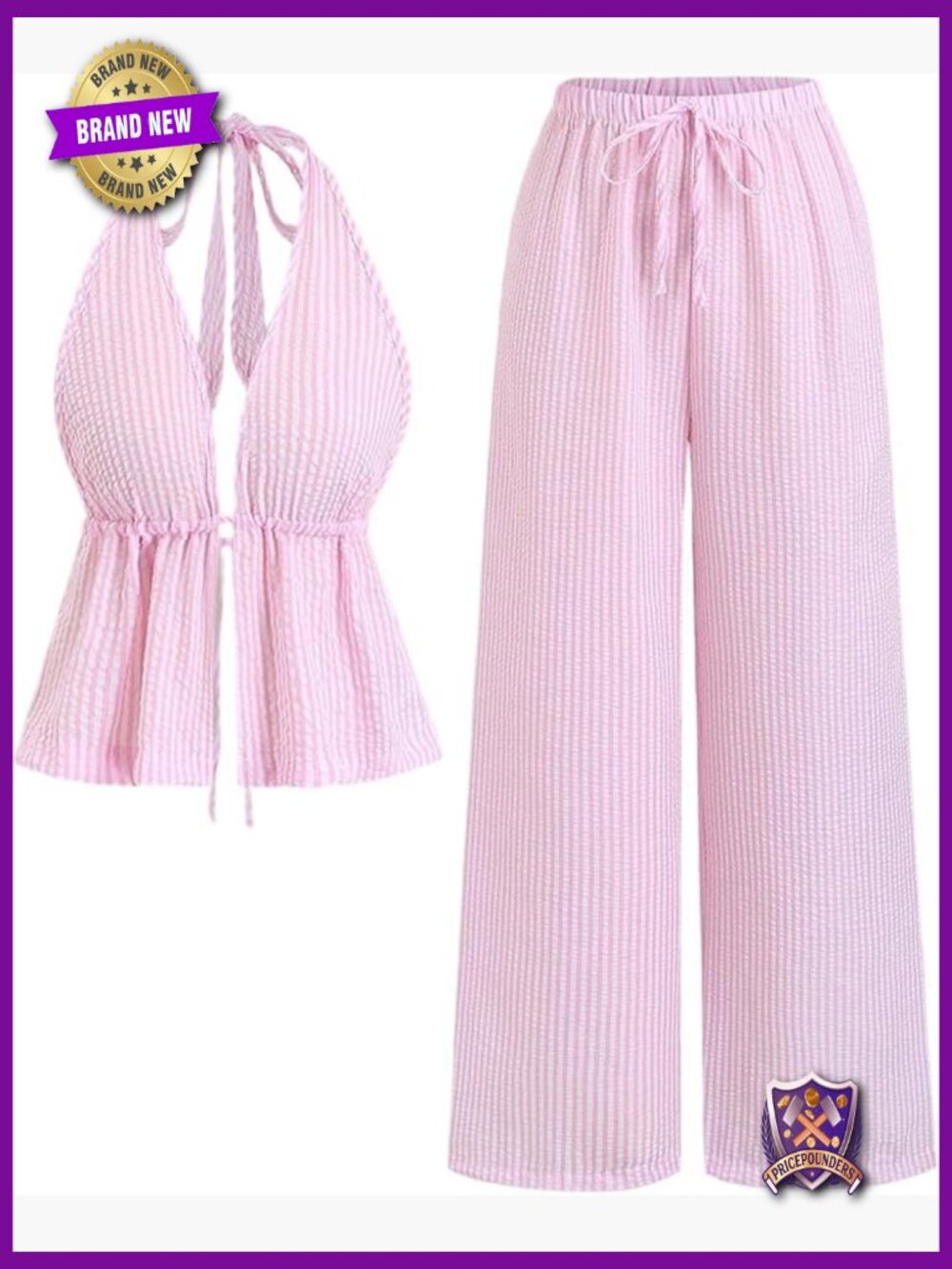 Striped Backless Halter Crop Top and Wide Leg Pant Set